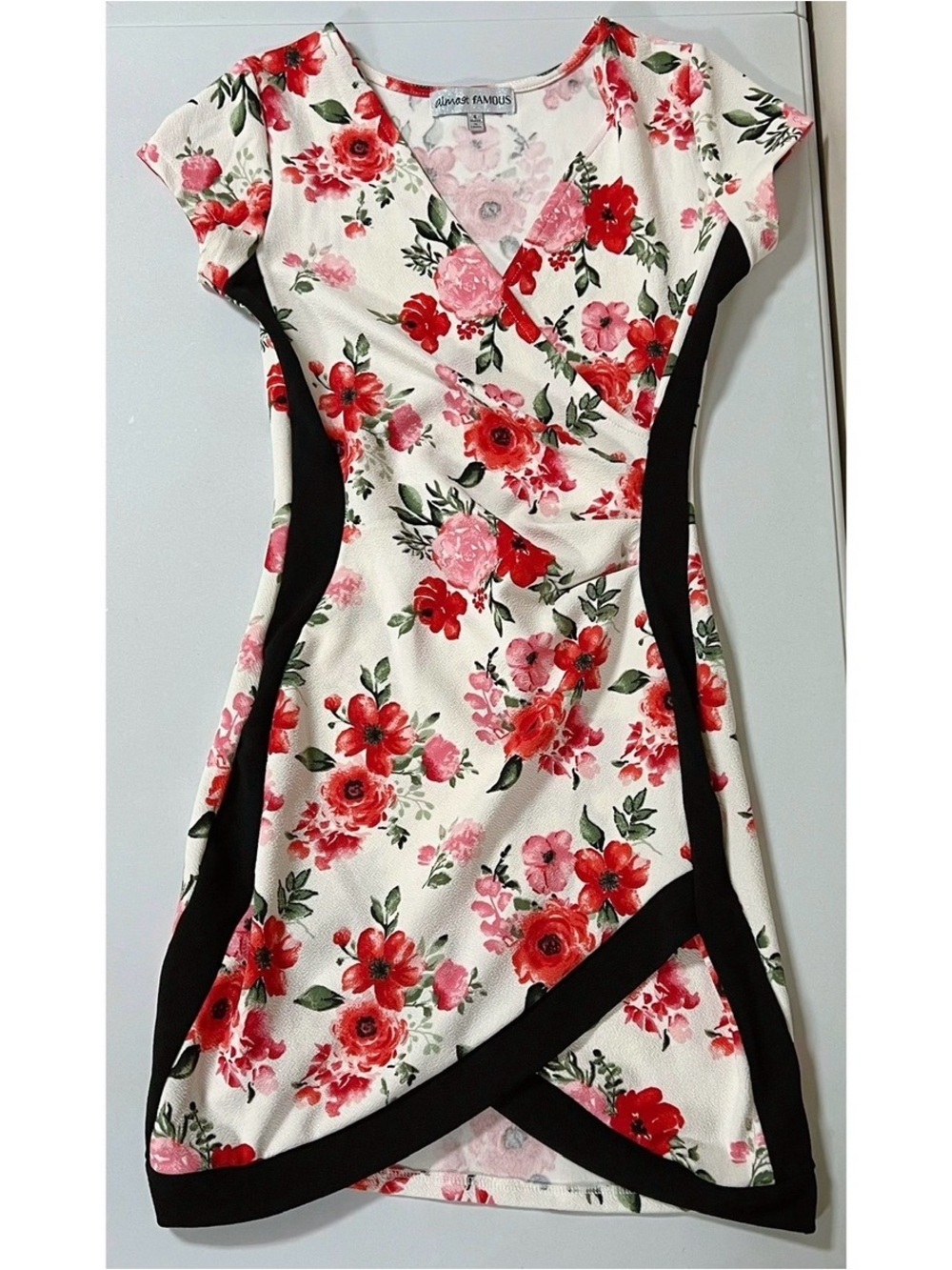 Almost Famous White Red Pink Floral Short Sleeve Bodycon Dress Size S 🌹✨ #dress